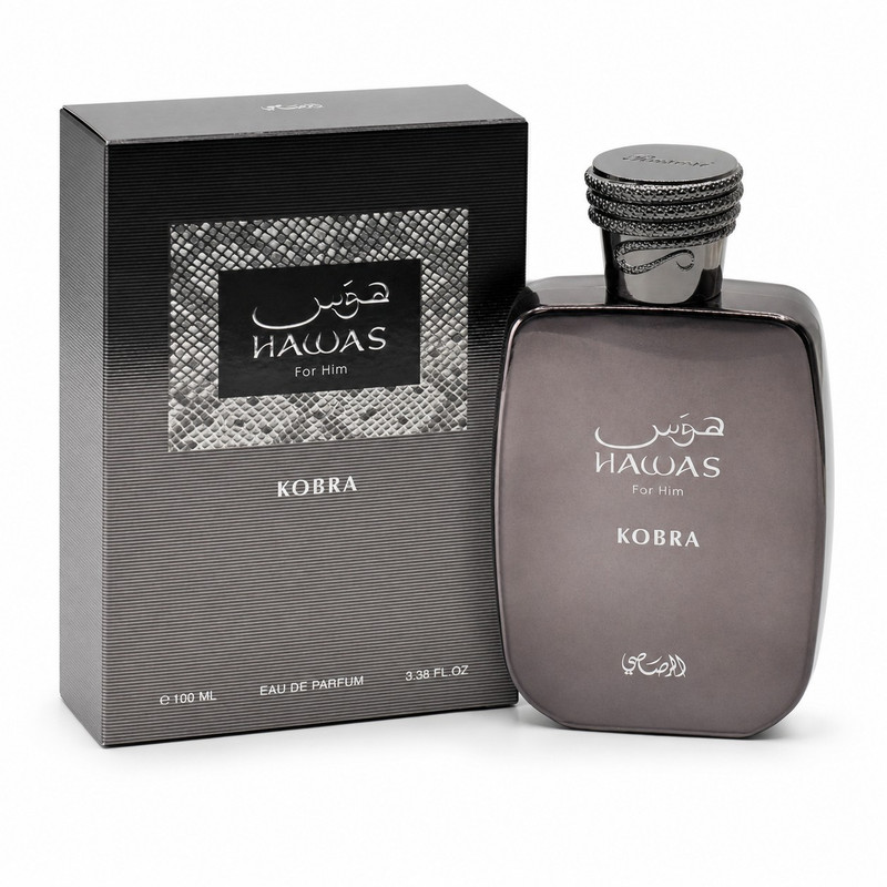 ادوپرفیوم مردانه رصاصی مدل hawas kobra حجم 100 میلی‌لیتر با ساختار رایحه چوبی، چهار فصل