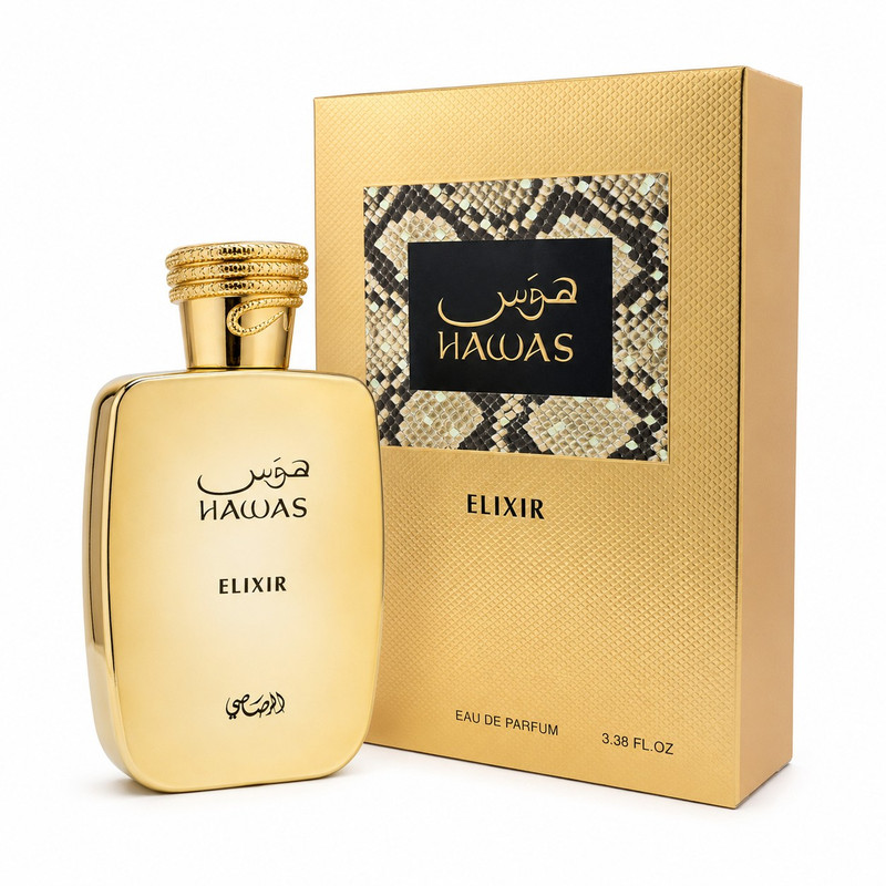 ادوپرفیوم مردانه رصاصی مدل hawas elixir حجم 100 میلی‌لیتر با ساختار رایحه چوبی مناسب فصول سرد